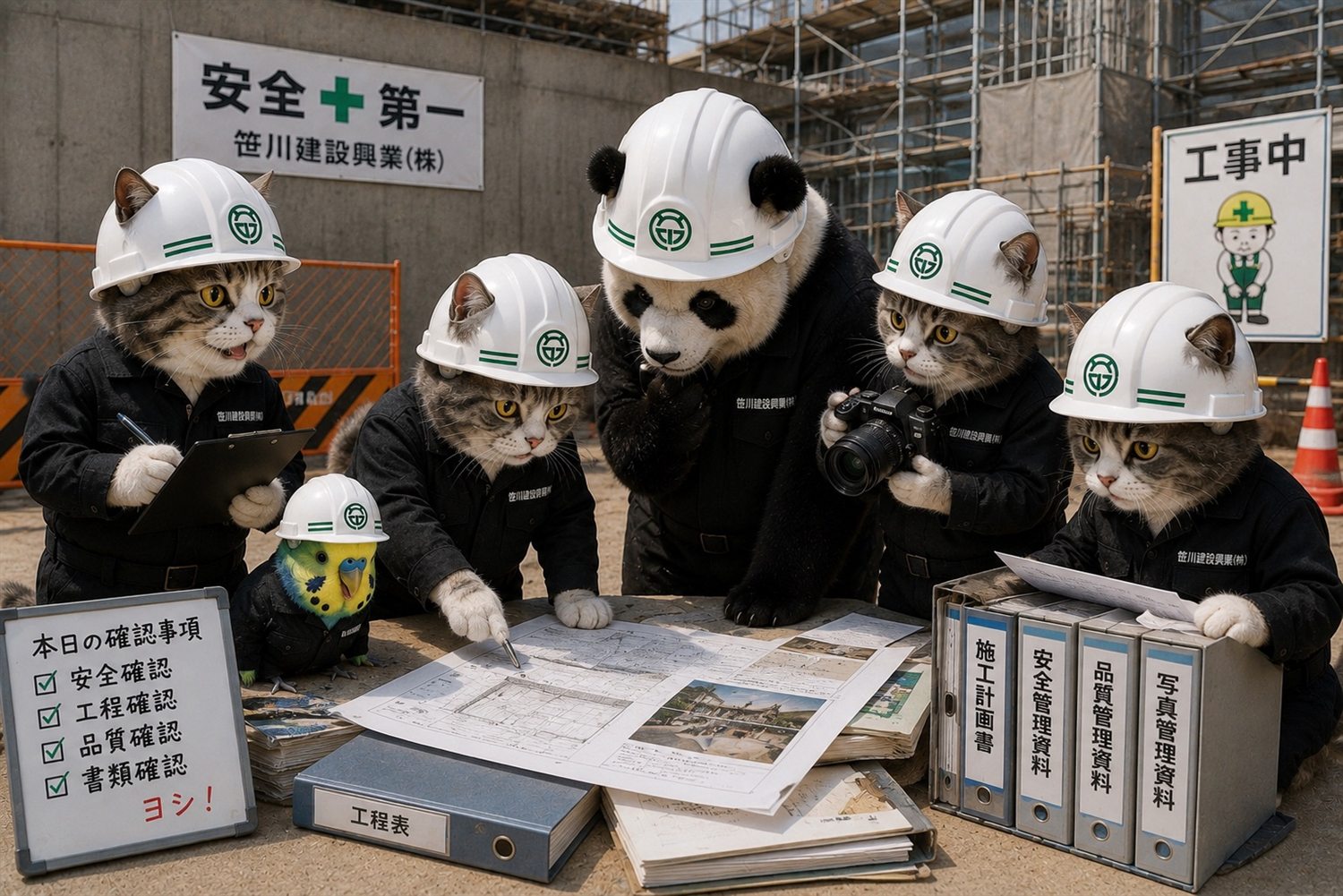 安全第一のもと、施工計画書や工程表を確認する現場の様子